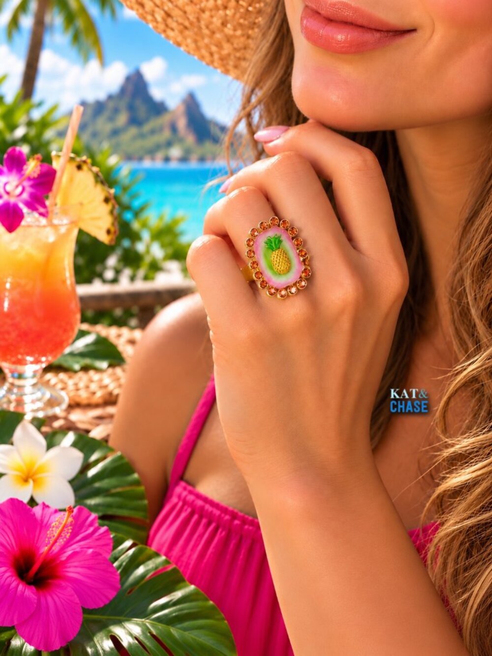 NWT Betsey Johnson Backyard Pineapple Ring Crystal Frame Cocktail Stretch Stone